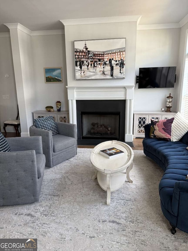 living area featuring wood finished floors, a fireplace, and crown molding