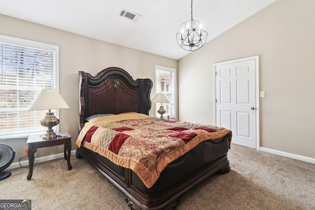 bedroom featuring carpet, visible vents, baseboards, an inviting chandelier, and lofted ceiling