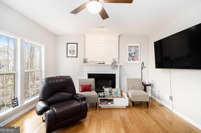 3550 Myrtlewood Chase NW, Kennesaw, GA 30144 - sitting room with a large fireplace, healthy amount of natural light, light wood finished floors, and a ceiling fan