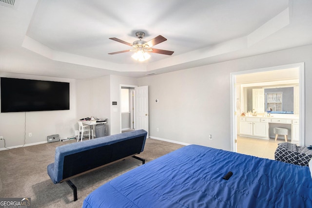 3550 Myrtlewood Chase NW, Kennesaw, GA 30144 - bedroom with a tray ceiling, ensuite bathroom, carpet, and ceiling fan