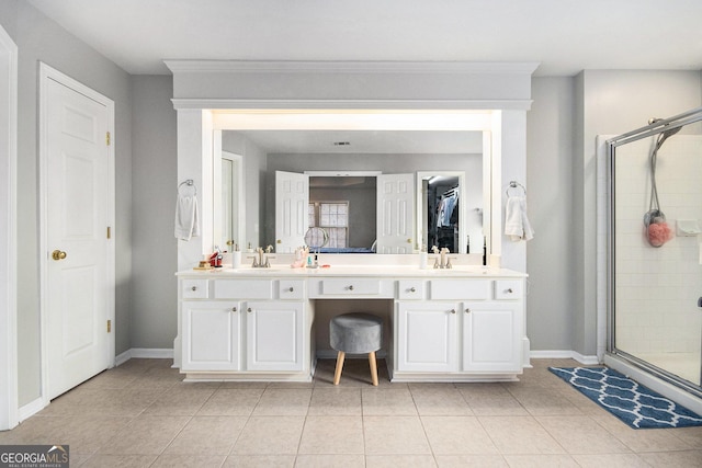3550 Myrtlewood Chase NW, Kennesaw, GA 30144 - bathroom with double vanity, a shower stall, and tile patterned flooring