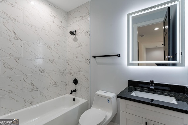 full bath featuring visible vents, toilet, vanity, and shower / bathing tub combination