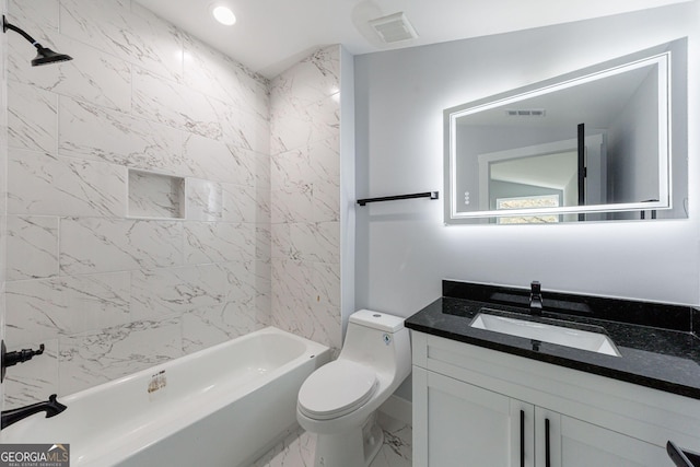 full bath with vanity, toilet, visible vents, and marble finish floor