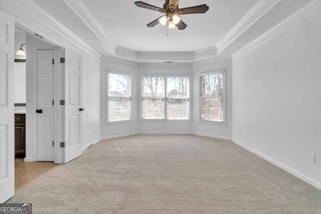 empty room with light colored carpet, a tray ceiling, and ornamental molding