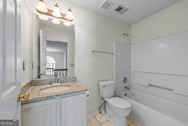 full bath featuring visible vents, toilet, vanity, and a textured ceiling