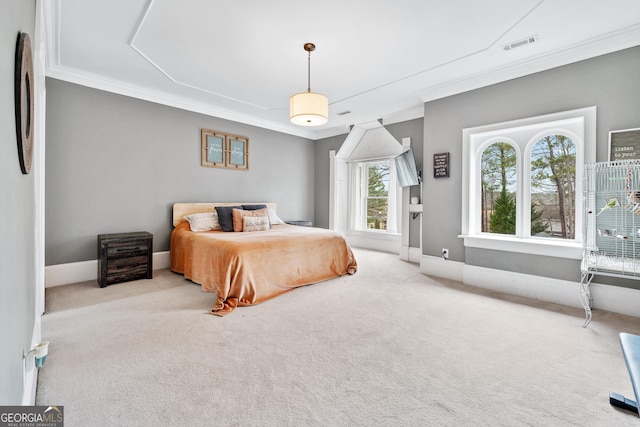 bedroom with crown molding, carpet, visible vents, and baseboards