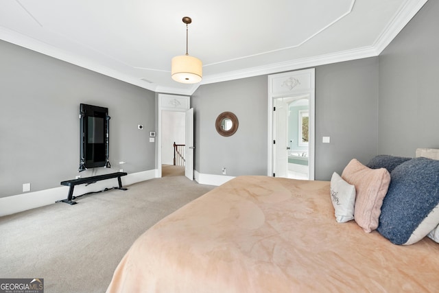 bedroom featuring carpet flooring, baseboards, and ornamental molding