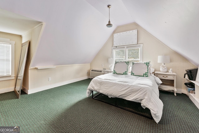 bedroom with a wall mounted air conditioner, baseboards, lofted ceiling, and carpet