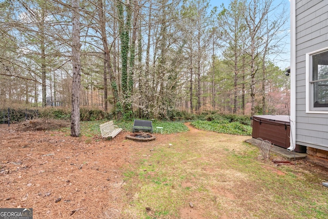 view of yard with a hot tub