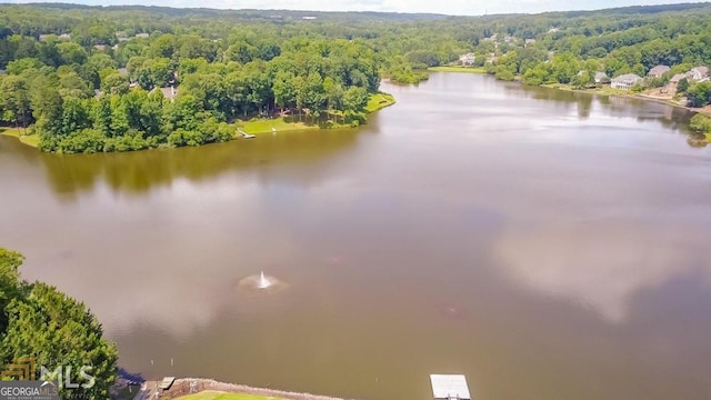 birds eye view of property with a wooded view and a water view