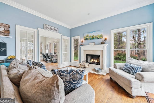 living area with a premium fireplace, plenty of natural light, wood finished floors, and ornamental molding