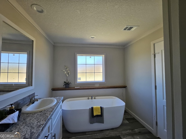 bathroom with visible vents, plenty of natural light, a freestanding bath, and vanity