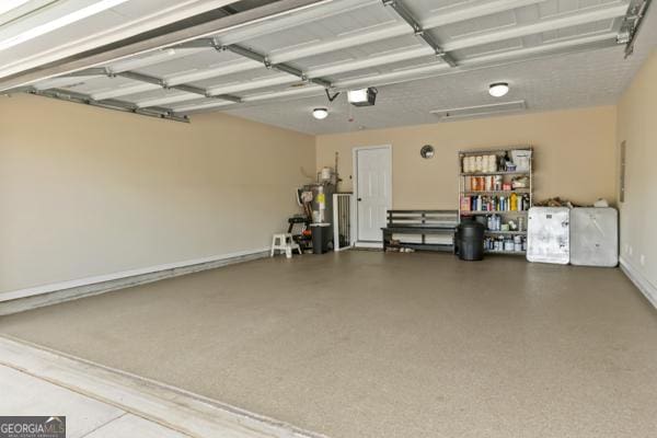 garage with gas water heater and a garage door opener