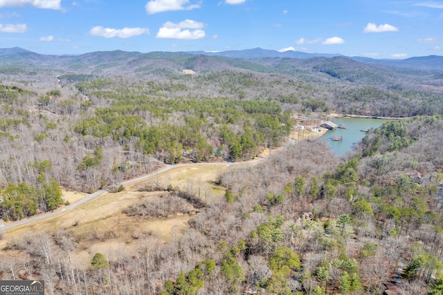 bird's eye view with a wooded view and a water and mountain view