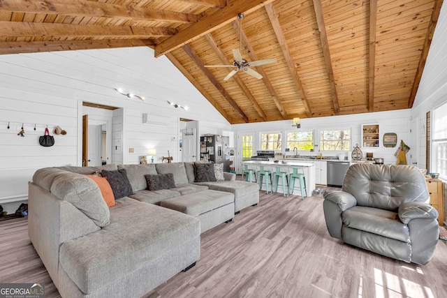 living room featuring wooden ceiling, high vaulted ceiling, light wood-type flooring, and beam ceiling