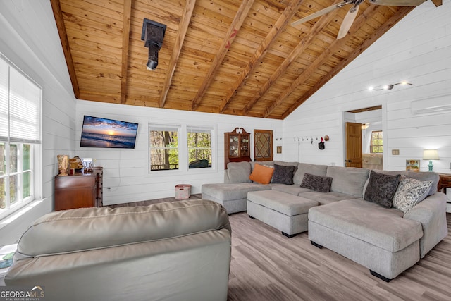 living room featuring wood finished floors, wood ceiling, a wealth of natural light, and beam ceiling