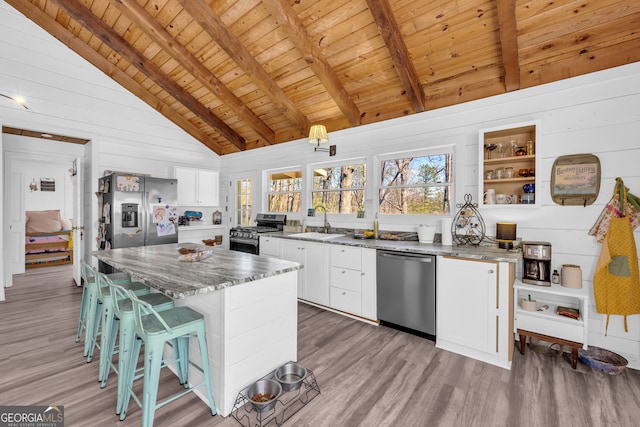 kitchen featuring wood ceiling, light wood-style flooring, stainless steel appliances, and a sink