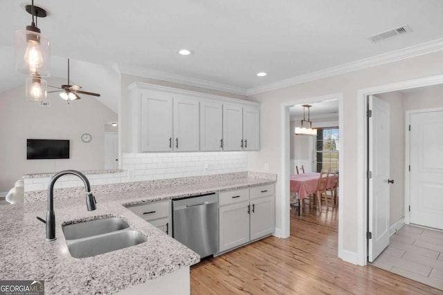 kitchen with tasteful backsplash, visible vents, dishwasher, light wood-style floors, and a sink