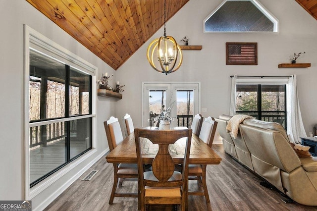 dining room with visible vents, a notable chandelier, wood ceiling, and wood finished floors