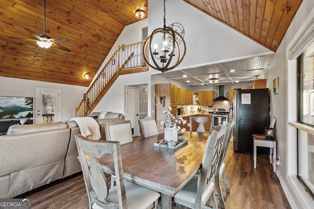 dining room with wooden ceiling, stairway, dark wood-style floors, and high vaulted ceiling