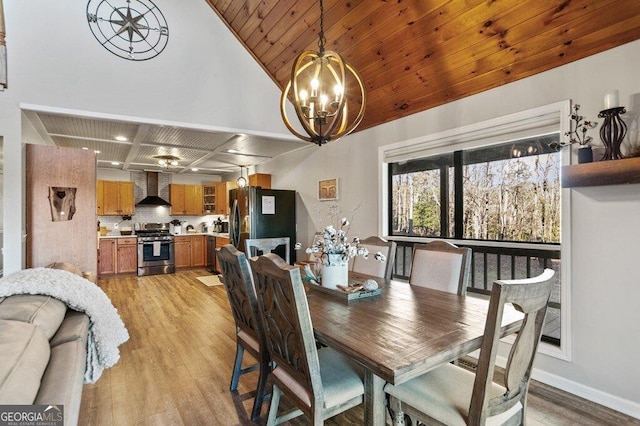 dining room featuring baseboards, wood ceiling, an inviting chandelier, light wood-style floors, and coffered ceiling