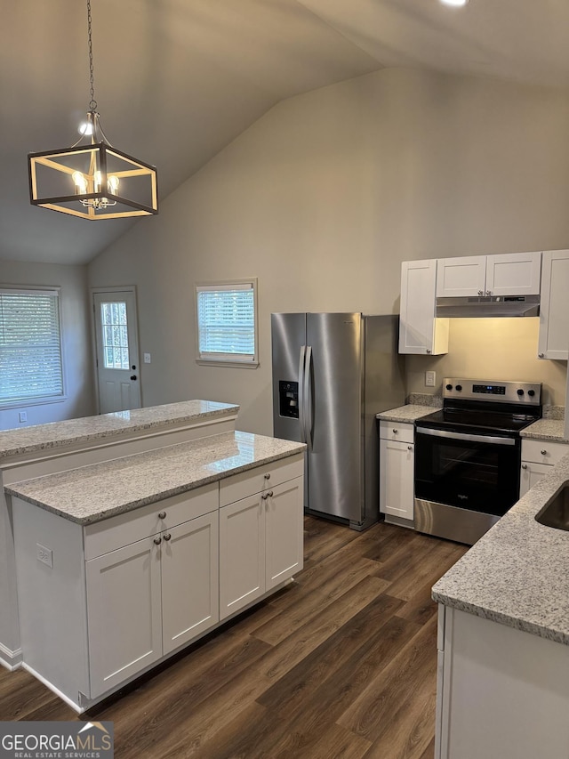 kitchen with under cabinet range hood, dark wood finished floors, lofted ceiling, white cabinets, and stainless steel appliances