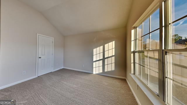carpeted spare room with baseboards and lofted ceiling