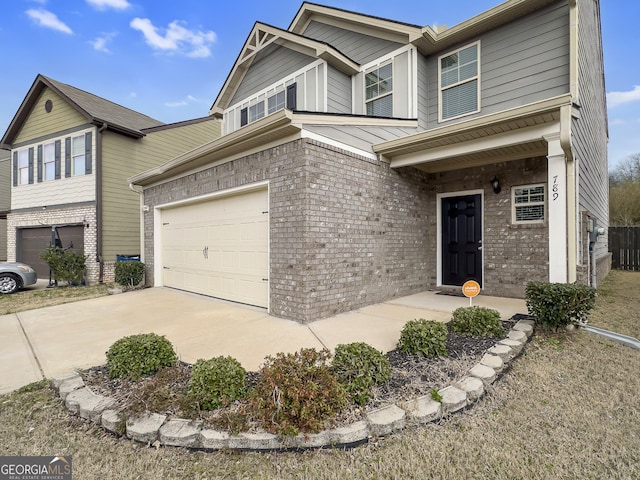 view of front facade with a garage, brick siding, and concrete driveway