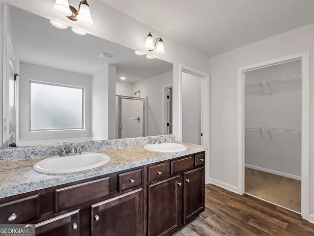 full bath featuring double vanity, a shower stall, a walk in closet, and a sink