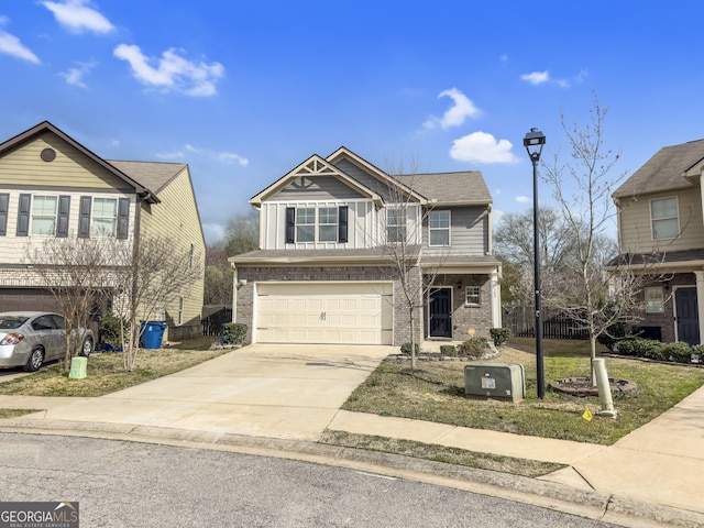 view of front of home featuring concrete driveway, an attached garage, and brick siding