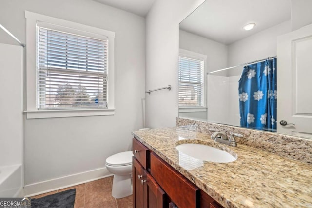 bathroom with baseboards, a shower with curtain, toilet, and tile patterned flooring