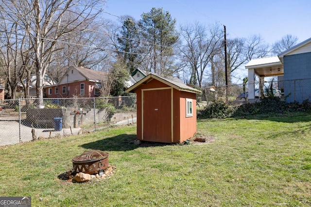 view of shed featuring a fire pit and a fenced backyard