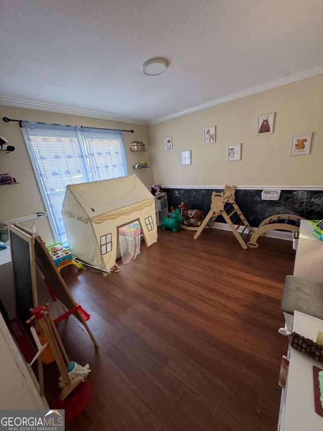 playroom with wood finished floors and ornamental molding