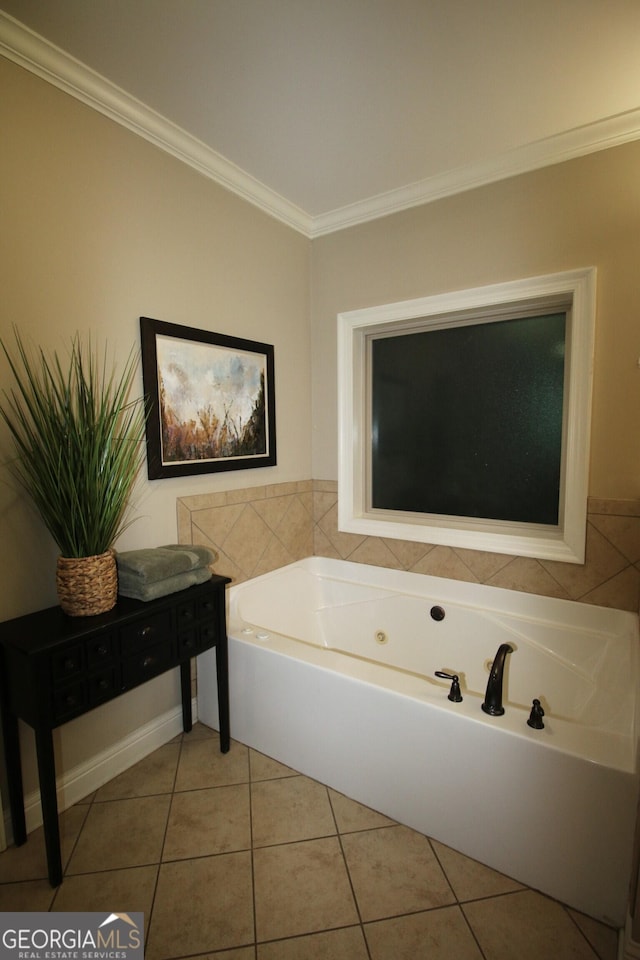 full bathroom with a bath, ornamental molding, and tile patterned flooring