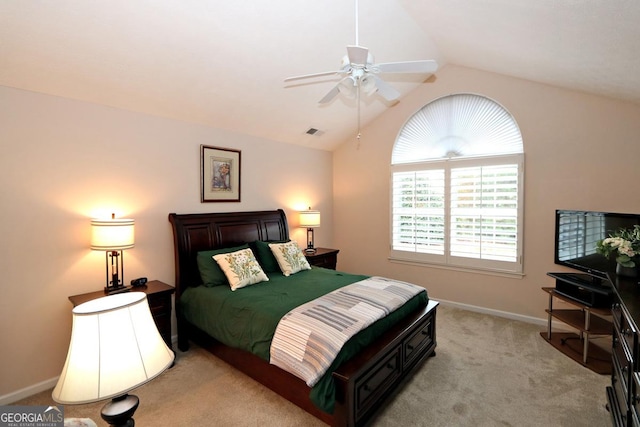 bedroom with visible vents, light carpet, a ceiling fan, baseboards, and vaulted ceiling