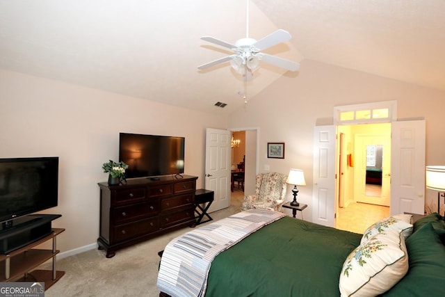 bedroom featuring visible vents, baseboards, vaulted ceiling, ceiling fan with notable chandelier, and light colored carpet