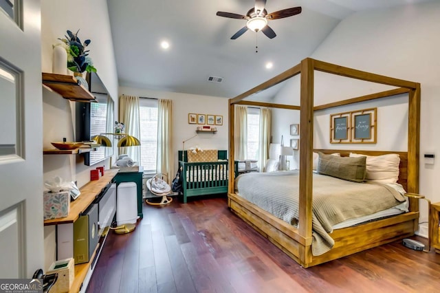 bedroom featuring visible vents, recessed lighting, lofted ceiling, and wood finished floors