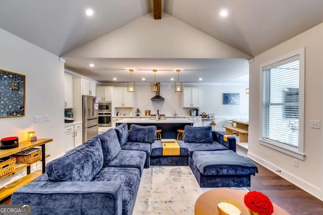 living area with lofted ceiling with beams, recessed lighting, baseboards, and dark wood-type flooring