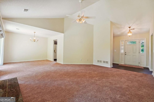 unfurnished living room with visible vents, baseboards, and carpet flooring