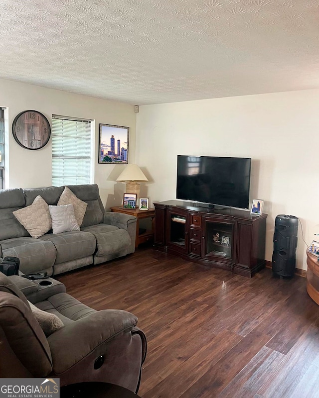 living area with baseboards, a textured ceiling, and wood finished floors