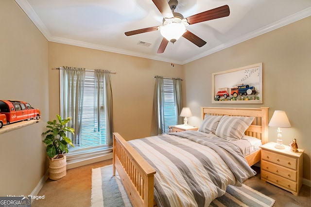 bedroom featuring baseboards, visible vents, carpet floors, and ornamental molding