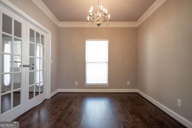 unfurnished dining area featuring french doors, baseboards, dark wood-type flooring, and crown molding