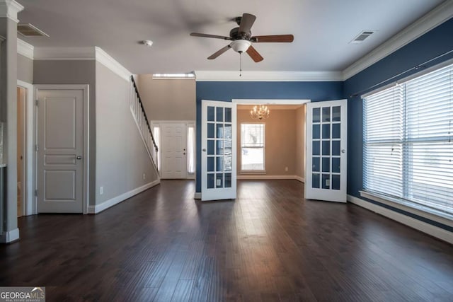 unfurnished living room featuring dark wood-style floors, french doors, visible vents, and ornamental molding