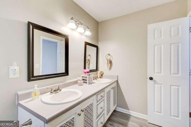 bathroom featuring double vanity, wood finished floors, baseboards, and a sink