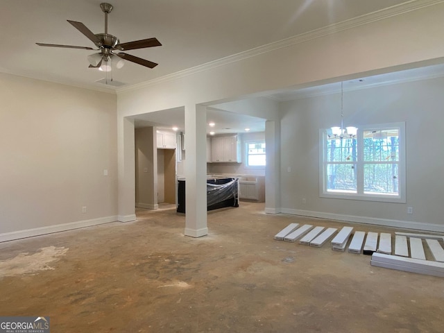 unfurnished living room with baseboards, ornamental molding, and ceiling fan with notable chandelier