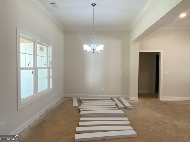 unfurnished dining area with a wealth of natural light, visible vents, crown molding, and a notable chandelier