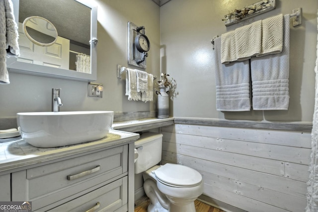 full bathroom with toilet, wood walls, and vanity