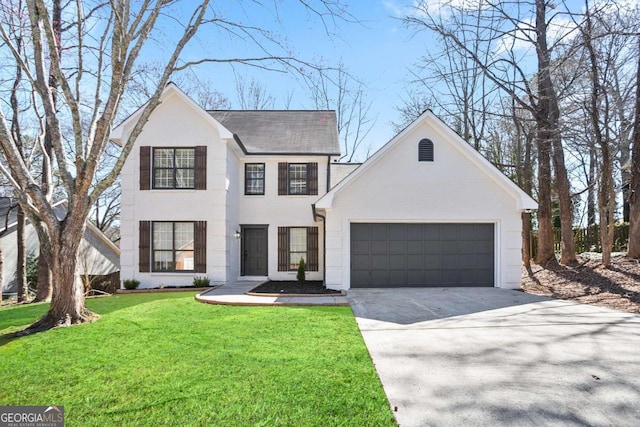 view of front of property with a front yard, roof with shingles, an attached garage, concrete driveway, and brick siding