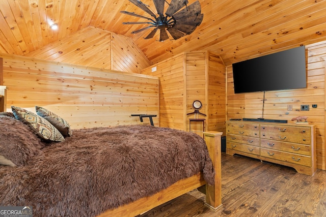 bedroom featuring lofted ceiling, wooden walls, wood ceiling, and wood finished floors