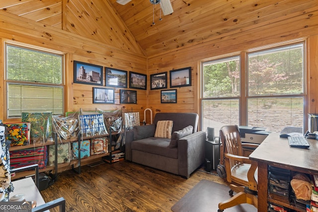 office area featuring a ceiling fan, wood finished floors, vaulted ceiling, wood ceiling, and wood walls